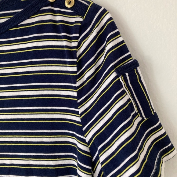 Kim Rogers Striped Knit Short Sleeve Shirt Size Medium Petite Gold Button Pocket - Picture 4 of 7